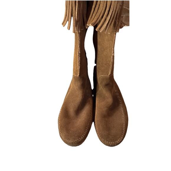 Minnetonka Mocassin Suede Leather Knee High Zip Up Double Fringe Boots Sz10 - Picture 3 of 4